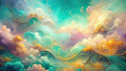 Wall Mural - Golden Waves in a Dreamlike Sky, a Fantasy Landscape
