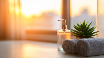 Poster - Soft, warm light illuminates a bathroom counter featuring a glass soap dispenser, a rolled towel, and a small succulent plant, creating a serene atmosphere