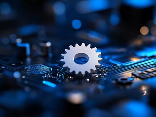Fototapete - Single 3D white gear rests on a metallic circuit board, highlighted by blue lighting, creating a futuristic atmosphere perfect for technology presentations