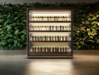 Aufkleber - Modern cannabis store features a sleek display of premium products illuminated softly against a backdrop of lush green plants, offering a serene shopping experience