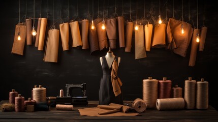 Poster - In a minimalist designer studio, a mannequin displays a partially completed dress, surrounded by fabric rolls and a sewing machine, all illuminated by warm lighting