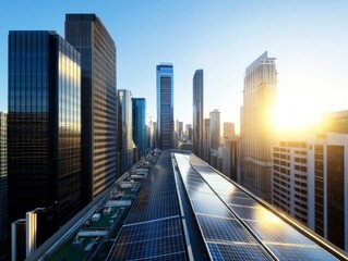 Aufkleber - Wide-angle panoramic view captures a modern urban skyline filled with sleek skyscrapers, green rooftops, and solar panels, symbolizing sustainable development