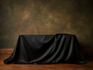 Aufkleber - Black silk cascades gracefully over a mahogany table, creating a rich texture against a dark backdrop. Subtle lighting adds depth and drama to the composition