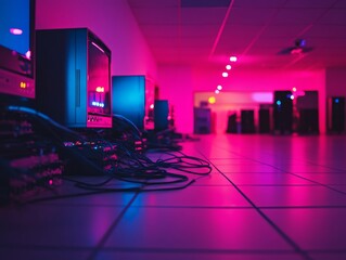 Aufkleber - Dimly lit server room features a tangle of cables spilling onto the floor, surrounded by outdated monitors and blinking devices, set in a nostalgic atmosphere