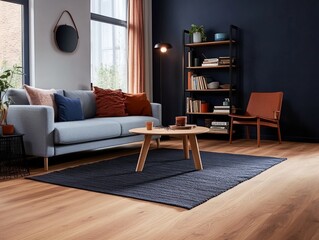 Poster - A Scandinavian living room showcases a light blue sofa and matching chair against a deep navy wall, accented by natural light, creating a warm and inviting ambiance