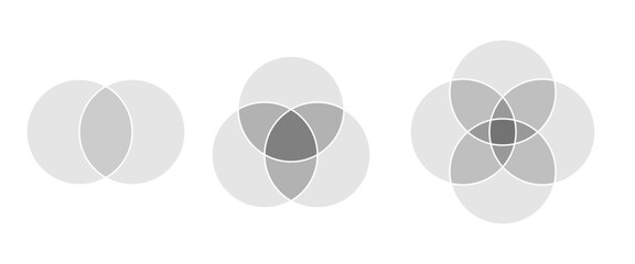 Set of grey two, three and four circles intersect. Venn Diagram, Overlapping Circles.