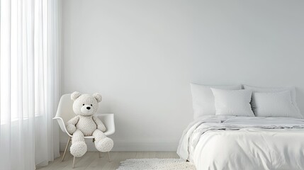 Sticker - Cozy Minimalist Bedroom with White Bedding and Plush Toy Bear