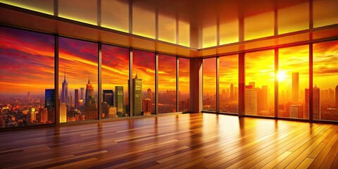 Wall Mural - Empty room with panoramic city skyline sunset view