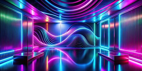 Wall Mural - Abstract Neon Wave Interior Design with Reflective Floor and Platforms