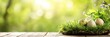 © YURIMA - A serene Easter scene presents decorated eggs in lush green grass, surrounded by warm light and blooming flowers, symbolizing renewal and joyful celebration of life during this holiday season