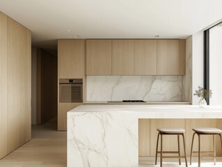 Wall Mural - Modern Minimalist Kitchen Island Design With Marble And Wood