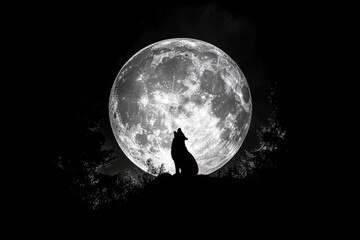 silhouette of wild wolf howling against full moon in night sky