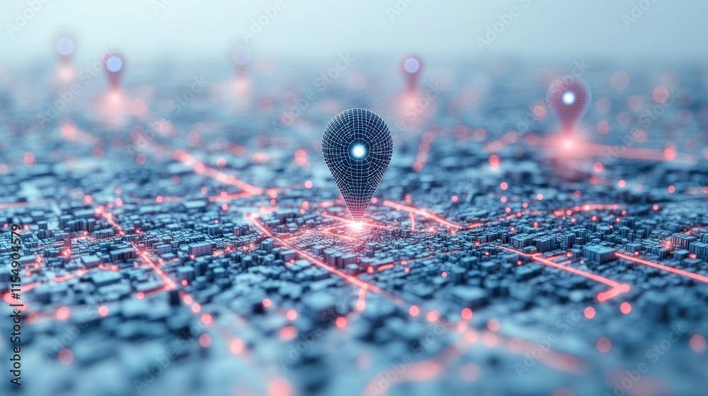 Digital map with location pins and network lines. Stock Illustration ...