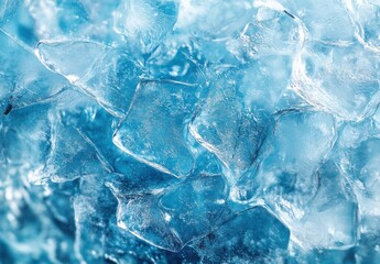 Poster - Close-Up View of Shimmering Ice Cubes on a Blue Background, Capturing the Beauty and Texture of Freshly Cut Ice in a Refreshing Beverage Setting