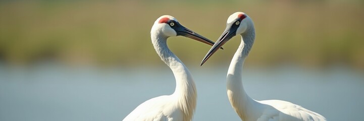 Wall Mural - A pair of endangered whooping cranes share a tender moment in their natural habitat with a blurred background of water and foliage