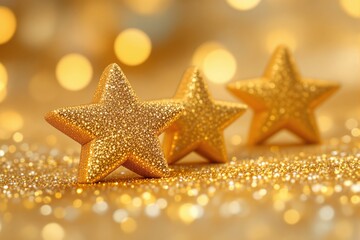 Aufkleber - Glittering golden stars on a sparkling golden background with bokeh lights.