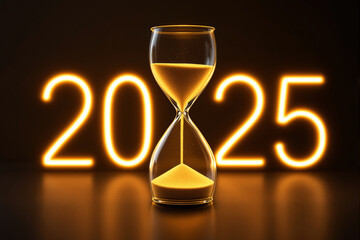 Poster - Hourglass with glowing numbers 2025 in the background depicting the passage of time and future anticipation.