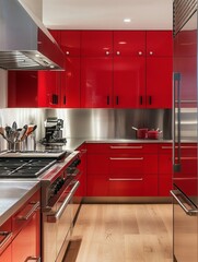 Wall Mural - Modern Red Kitchen With Stainless Steel Appliances