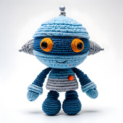 Wall Mural - A knitted soft toy in the form of a fictional funny space hero, made of woolen threads in blue-gray tones with orange inserts. White background.