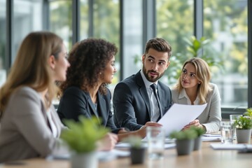 Poster - Team of professionals in a business meeting, smart casual attire, modern office, natural light, teamwork concept.