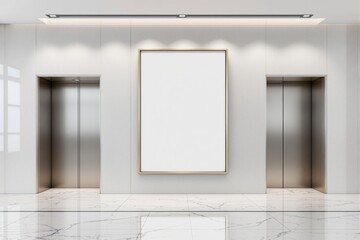 Blank white framed poster between two elevator doors in a modern interior space.