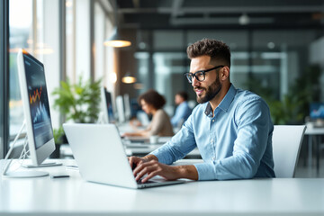 Aufkleber - Professional man working on a laptop in a modern office environment.