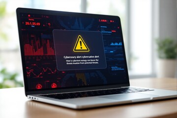 Aufkleber - Cybersecurity alert displayed on a laptop screen on a desk in a business environment.