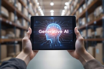 Aufkleber - Hands holding tablet displaying generative AI concept, digital brain design in warehouse background.