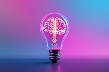 Poster - Neon brain inside clear light bulb on gradient pink and blue background.