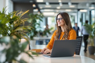Poster - Confident professional woman working on a laptop in a modern office environment.