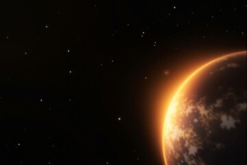 Poster - Glowing planet in space with scattered stars on a dark background.