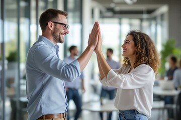 Poster - Business colleagues high-fiving in modern office environment, celebrating success.