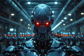 Aufkleber - Futuristic robotic figure with glowing red eyes against industrial background.