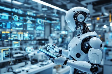 Aufkleber - Futuristic humanoid robot using tablet in high-tech laboratory environment.