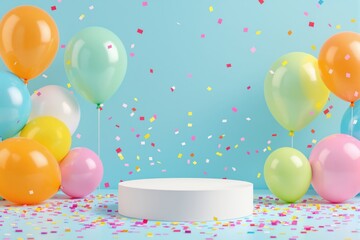 Poster - Festive balloons and confetti with a white podium on a blue background.