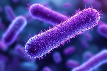 Poster - Close-up illustration of bacteria with vibrant purple details on a blue gradient background. Ai generative.
