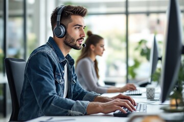 Aufkleber - Customer service representatives working at modern office desks, wearing headsets, focused on tasks, natural light background.