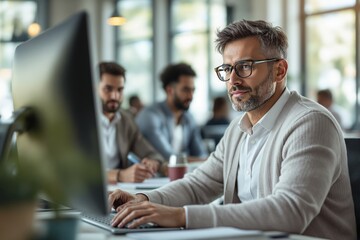 Poster - Focused businessman working on computer in modern office with blurred colleagues in background.