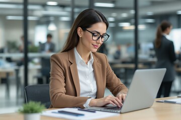 Aufkleber - Professional woman working on a laptop in a modern office background.