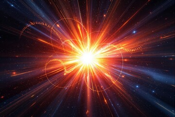 Poster - Bright cosmic explosion with radiant light beams and glowing particles in a starry galaxy background.