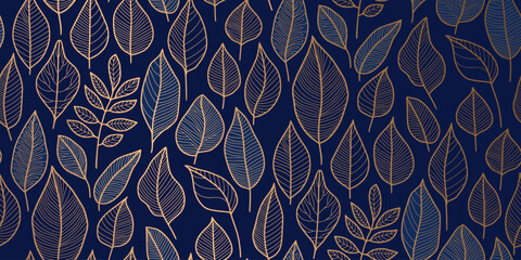  Floral pattern of stylized leaves outlined in metallic gold on deep navy blue background, featuring various leaf shapes with intricate vein details, is ideal for wallpapers, textiles, graphic design