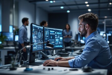 Aufkleber - Professional working on computer with digital data on screens in office environment.