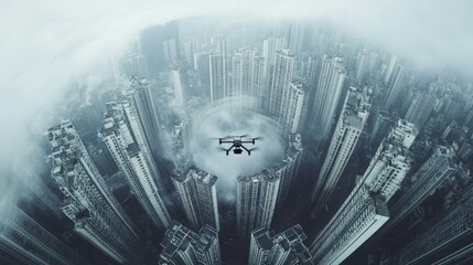 Poster - A drone flying above a metropolitan area, moving in a perfect circle as it captures surveillance footage of the urban environment
