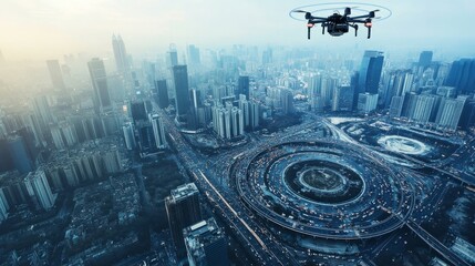 A drone system flying in circular patterns above a sprawling city, surveying traffic, buildings, and streets for smart city applications