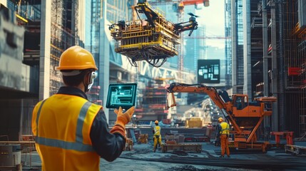 Poster - A futuristic construction site in the heart of the city, showcasing workers using AR devices and drones in synchronized tasks