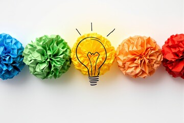 Aufkleber - Bright idea concept with colorful paper flowers and lightbulb illustration on white background.
