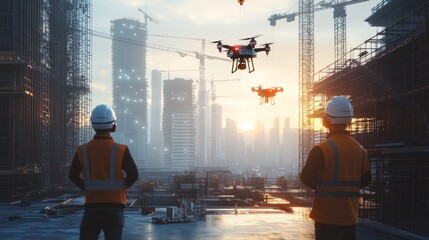 Poster - A futuristic construction site in the heart of the city, showcasing workers using AR devices and drones in synchronized tasks