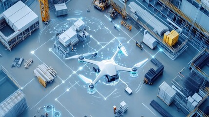 Poster - A modern construction site with cutting-edge technology integration, including drones, robotic tools, and digital workstations