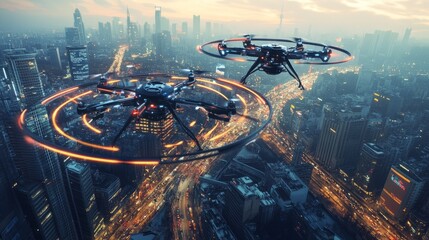 Poster - A modern drone flying in circular patterns above a busy city, scanning the urban landscape for security and environmental monitoring