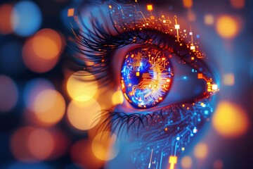 Aufkleber - Close-up of a human eye integrated with futuristic digital elements and circuits, glowing in vibrant colors.